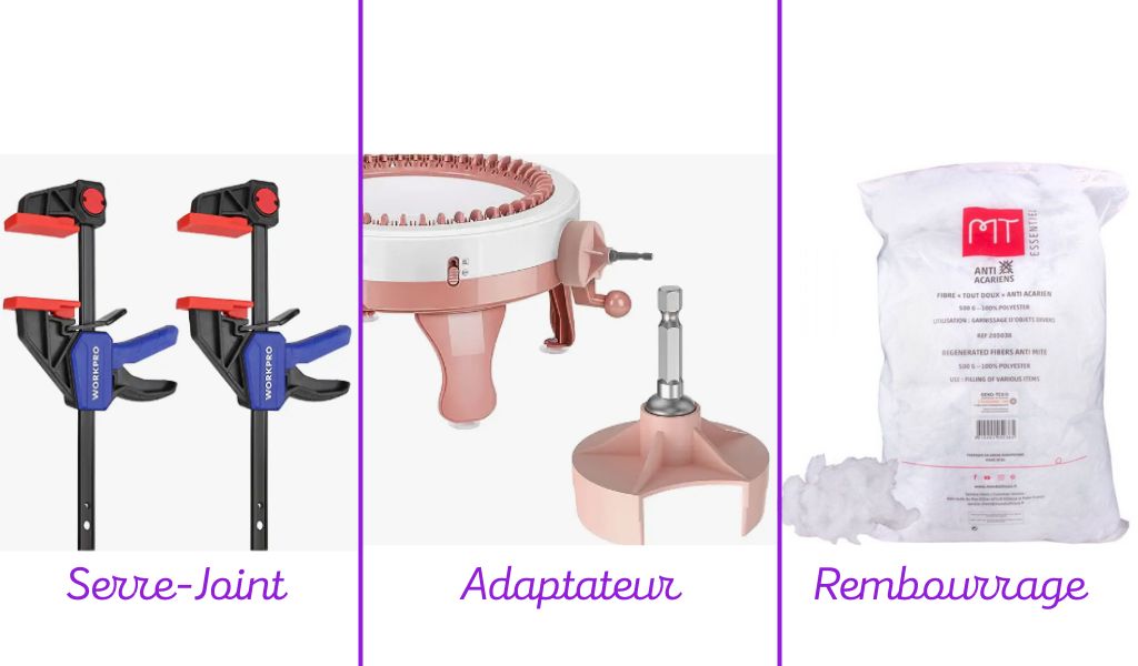 Différents accessoires pour la machine à tricoter circulaire